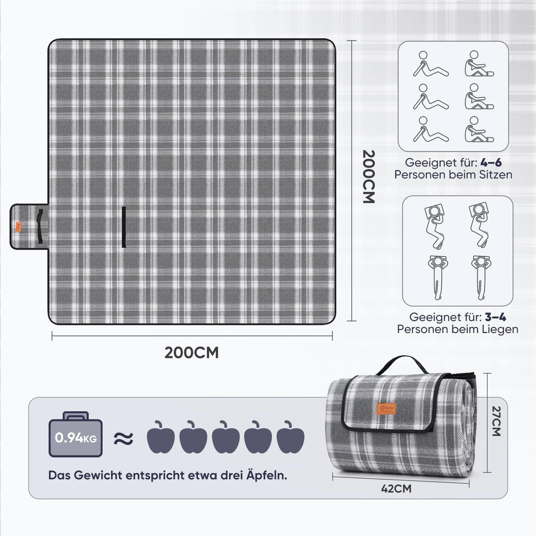 Sekey Picknickdecke Wasserdicht 200x200 cm, Karierte Stranddecke Sandfrei, 3-Schicht Struktur, Gepol