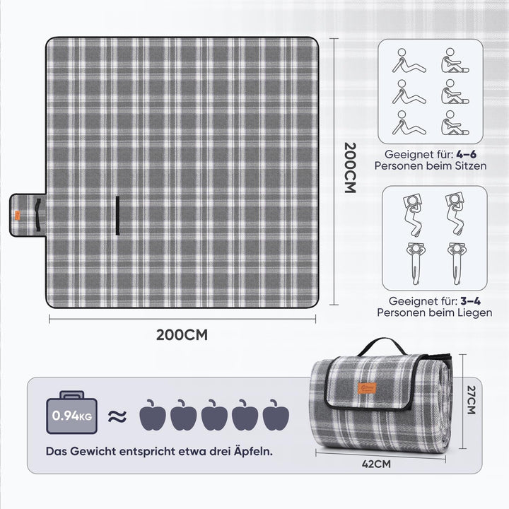Sekey Picknickdecke Wasserdicht 200x200 cm, Karierte Stranddecke Sandfrei, 3-Schicht Struktur, Gepol