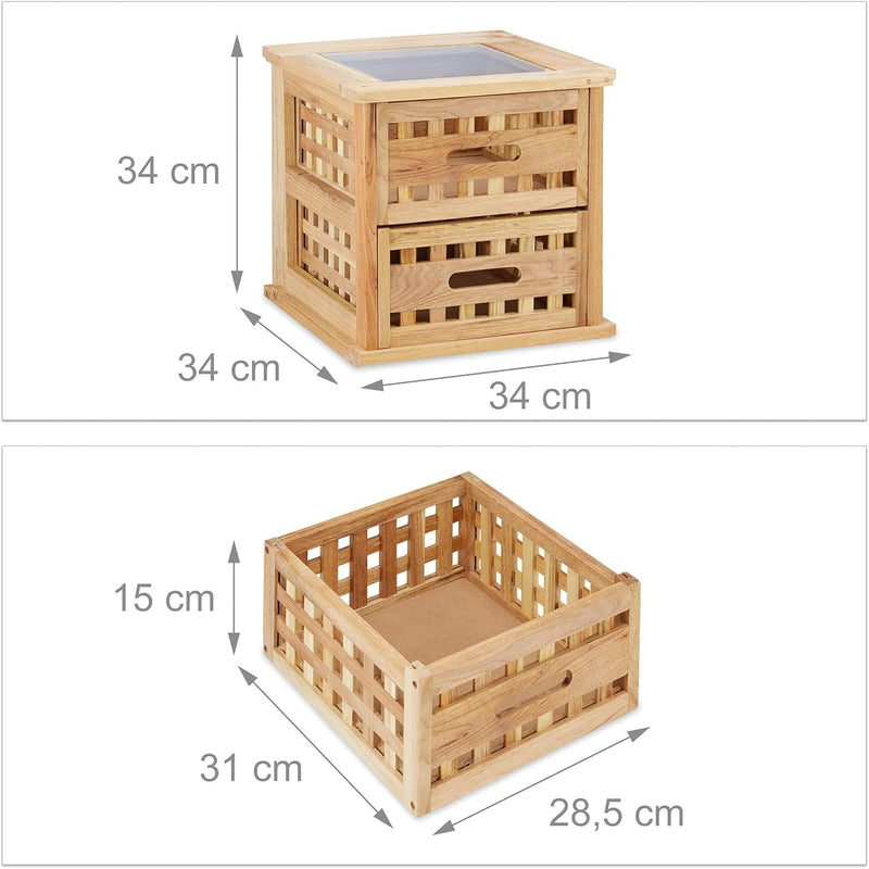 Relaxdays Beistelltisch Walnuss, quadratischer Nachtschrank aus Naturholz mit 2 Schubladen, HBT: 34