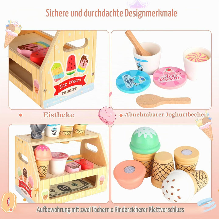 Eisdiele Kinder Holz, Eisladen Kinder Holz mit Eisstand, Langlebiges EIS Spielzeug für Kinder, Kinde