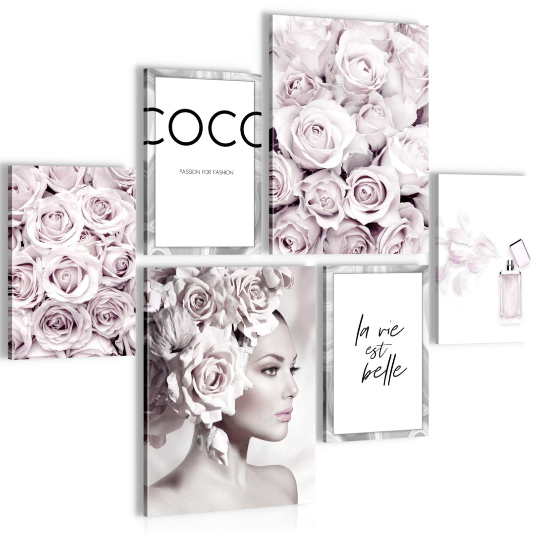 Novart Wandbilder Set Coco Fashion Grau Rosa - KEIN EXTRA RAHMEN BENÖTIGT - Modern Deko - Wohnzimmer
