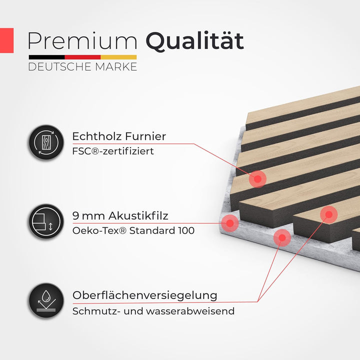 Akustikpaneele Holz selbstklebend – 9er-Set | Echtholz Eiche & Akustikfilz Grau | Hexagon 30x26cm –
