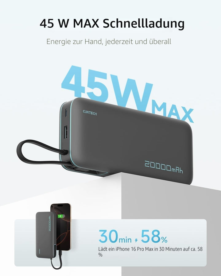 CUKTECH Power Bank, Powerbank 20000mah 45W mit integriertem USB-C Kabel, Powerbank Schnellladefunkti