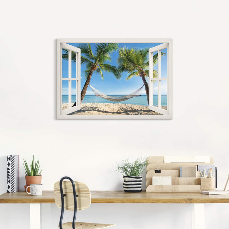 Artland Leinwandbild Wandbild Bild auf Leinwand 70x50 cm Wanddeko Fensterblick Fenster Strand Karibi