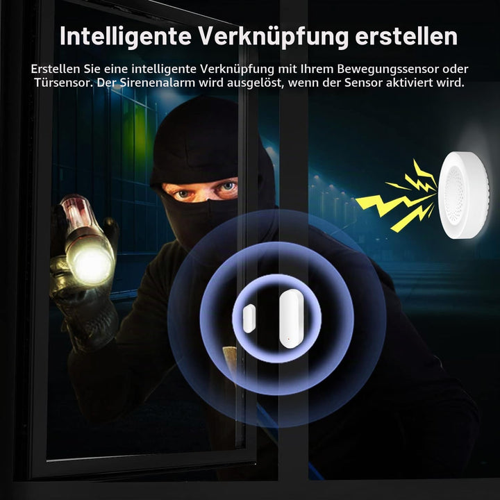 Smart Sirenenalarm, lautstark 100dB, kabelloser Alarm für Tür-Fenster-Sensor, 32 Arten von Alarmton
