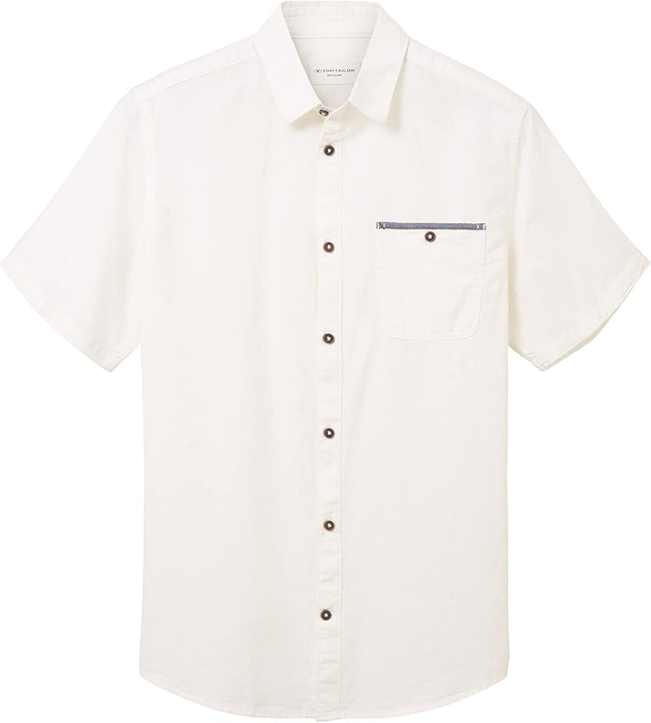 TOM TAILOR Herren Chambray Kurzarm-Hemd mit Brusttasche S 10332 - Off White, S 10332 - Off White