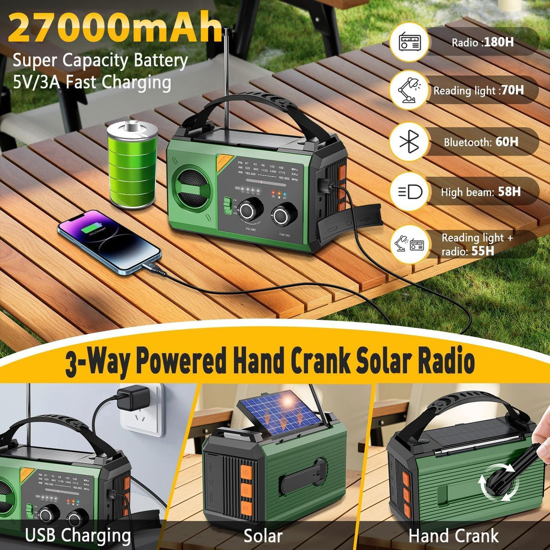 27000mAh Notfallradio mit Kurbel,Solar,Batterie und USB Betriebene,Tragbar AM/FM Wetter Radio mit Bl