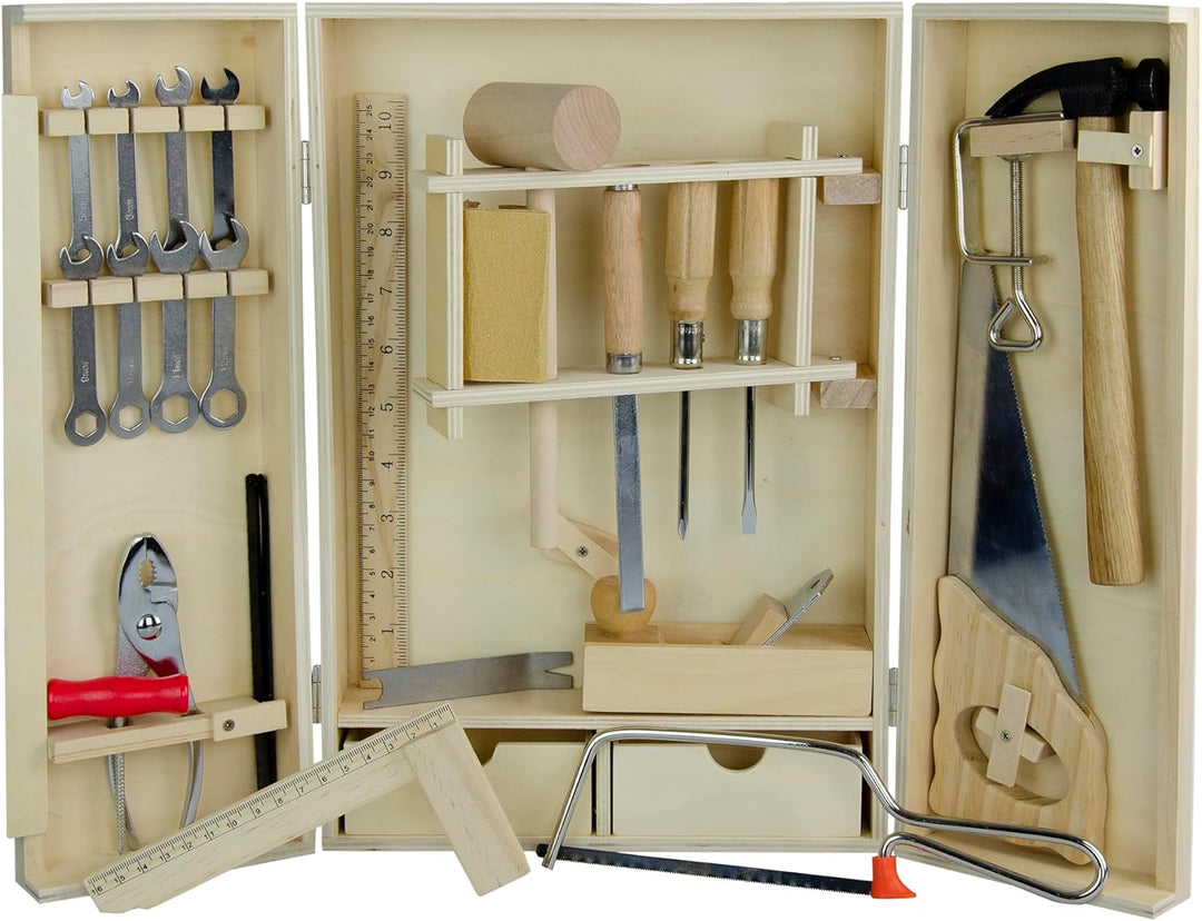 Pebaro 462 Starter Werkzeugkasten für Kinder, 25 Teile in Holzbox, kompakter Holzschrank mit Zubehör