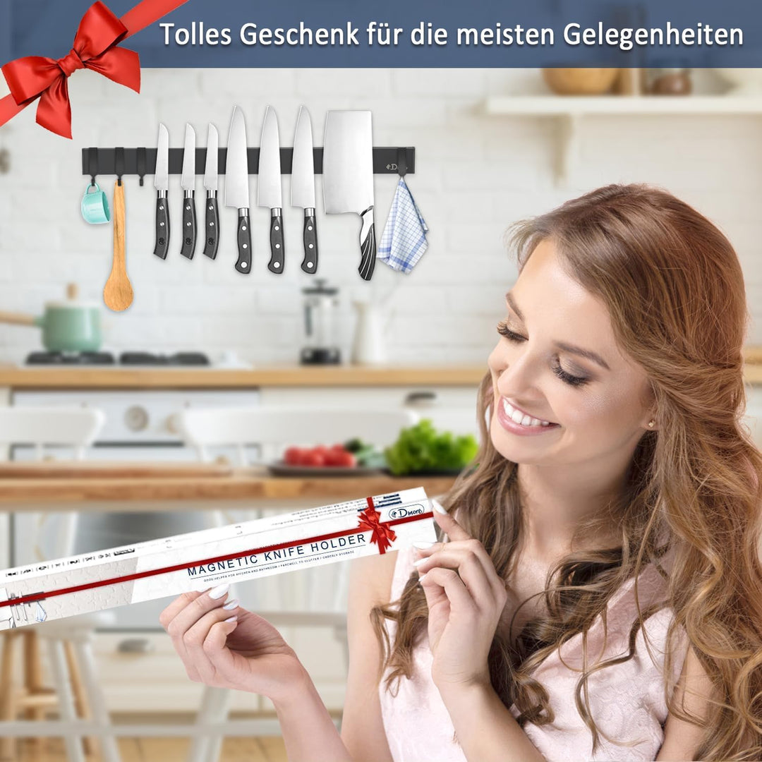 Dmore 50 cm Magnetleiste Messer mit 4 Haken, schwarzer Messerhalter magnetisch ohne Bohren, leistung