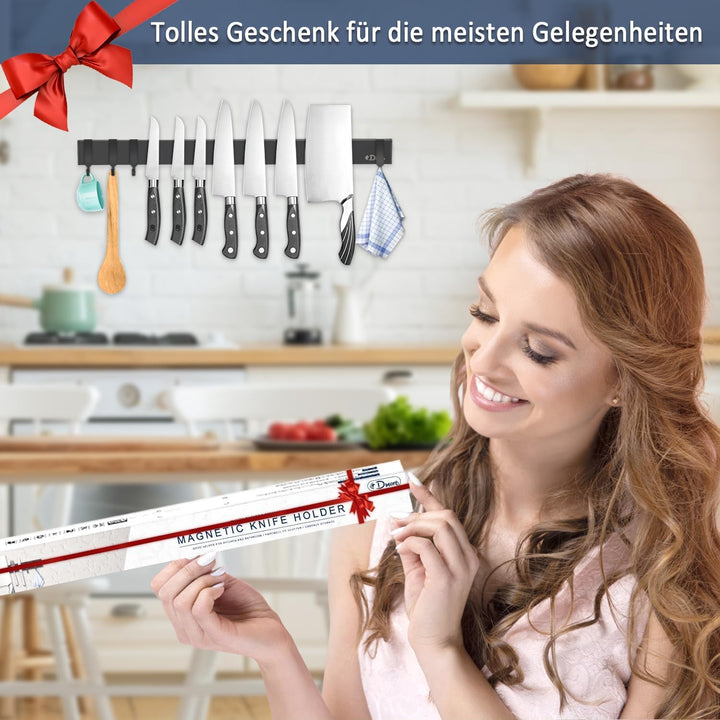 Dmore 50 cm Magnetleiste Messer mit 4 Haken, schwarzer Messerhalter magnetisch ohne Bohren, leistung