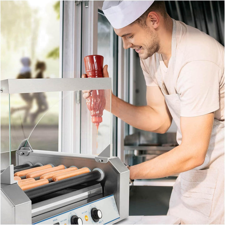 Royal Catering Hot Dog Grill - 7 Rollen, 12 Würstchen, Teflonbeschichtet, 1400 W, 2 Heizzonen, Edels