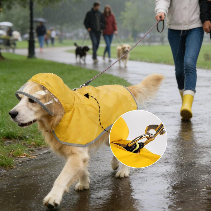 Regenmantel Hund Wasserdicht M–XL – Gelber Hunderegenmantel mit Kapuze, Reflektierende Streifen, Ver