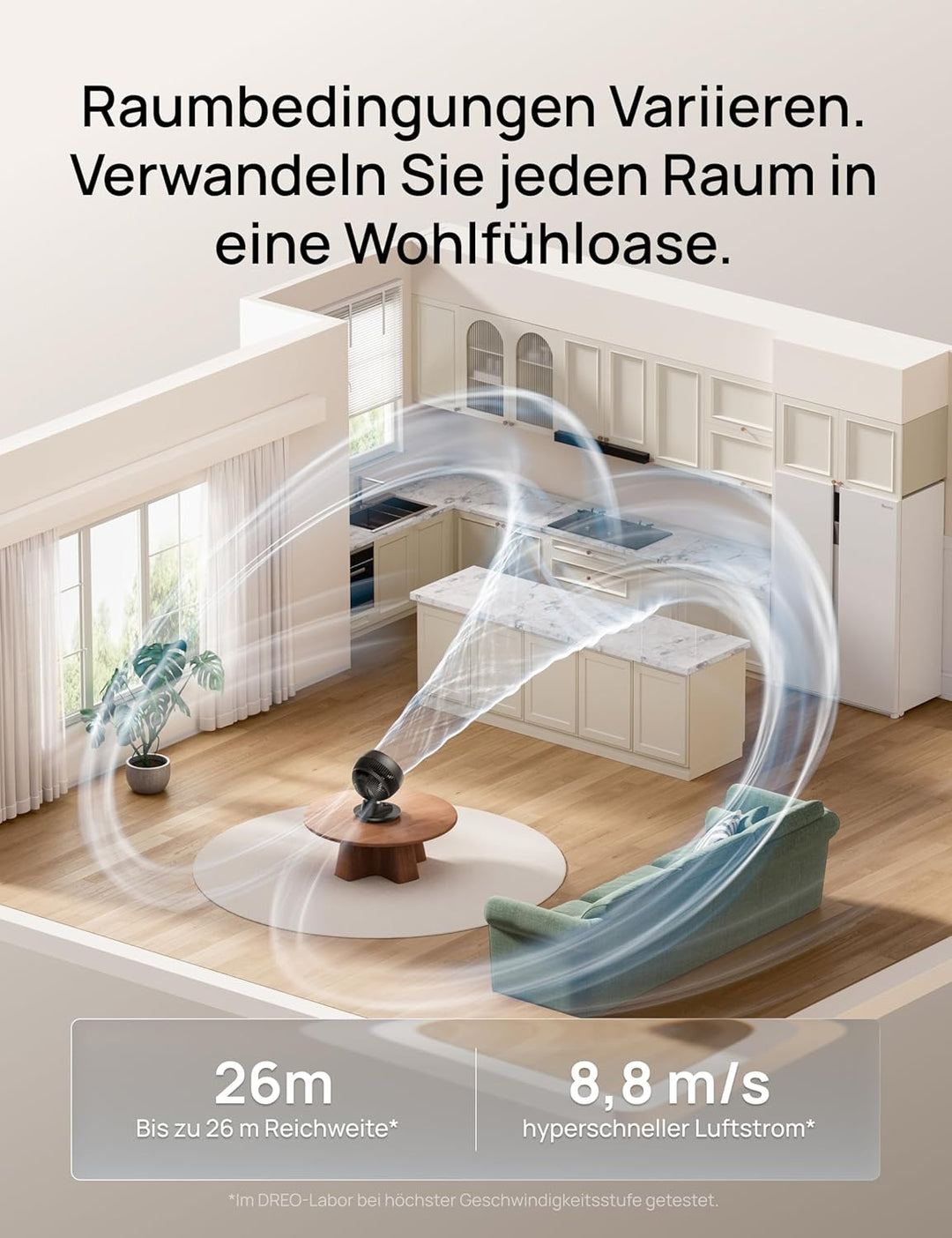 DREO 3D-Oszillierender Tischventilator für Schlafzimmer, 8,8 m/s starker Luftstrom, 22 dB leise, 90°