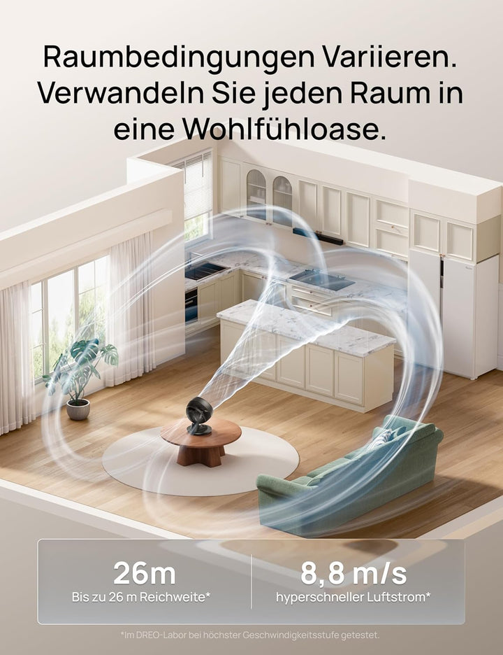 DREO 3D-Oszillierender Tischventilator für Schlafzimmer, 8,8 m/s starker Luftstrom, 22 dB leise, 90°