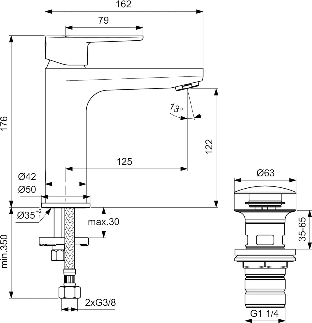 Ideal Standard BD131RO Cerafine O Waschtischarmatur H120 mit Push-Open-Ventil, Bad-Wasserhahn mit Au