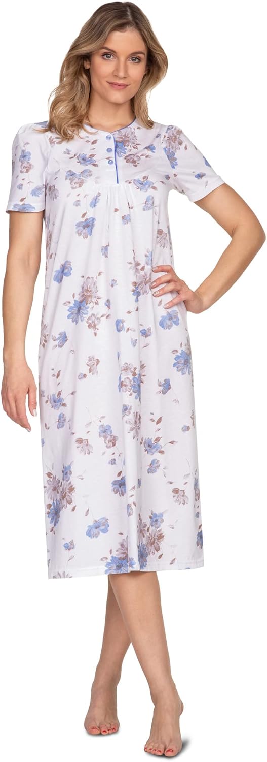 e.Femme® Damen Nachthemd Kate 2348 Kurzarm, 100% Baumwolle Weiss/Blau 36, Weiss/Blau 36