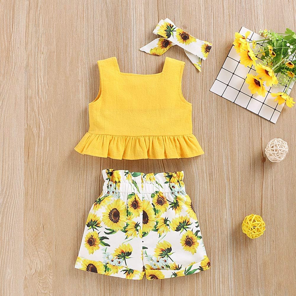 ANUFER 3 Stück Mädchen Kinder Kleidungsset Hell Gelb Sonnenblume Baby Outfits Westentops + Shorts Ho