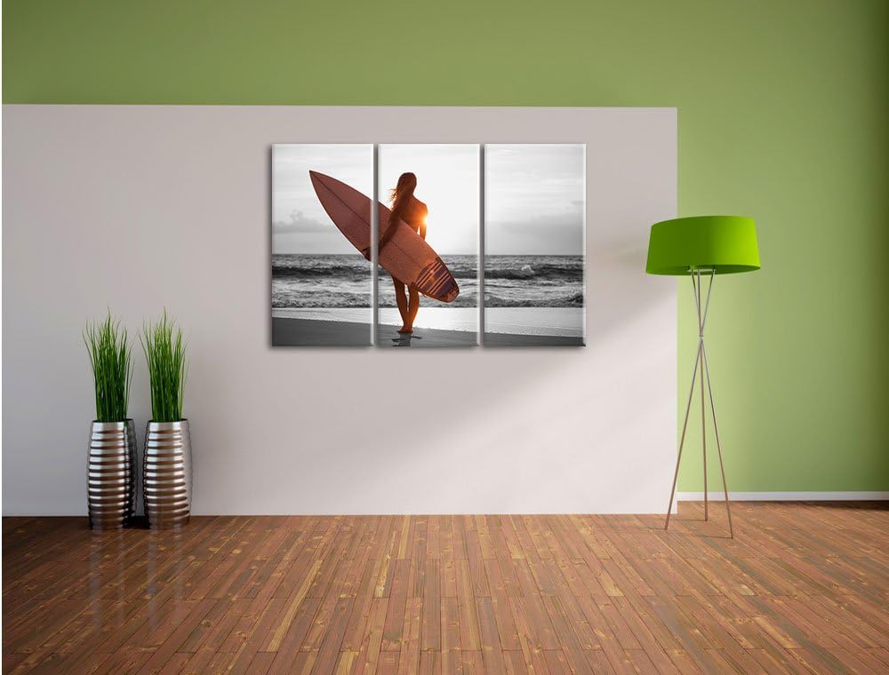 Pixxprint Surferin vor Sonnenuntergang als Leinwandbild | Grösse: 3 Teilig (120x80) | Wandbild| Kuns