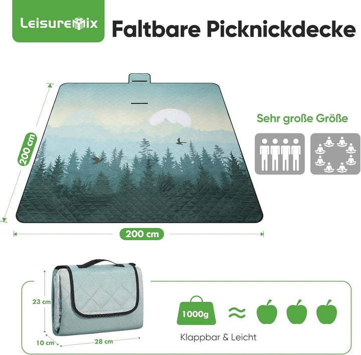 Picknickdecke isoliert 200 x 200cm XXL wasserdicht, 210D Oxford Campingdecke Stranddecke Ultraleicht