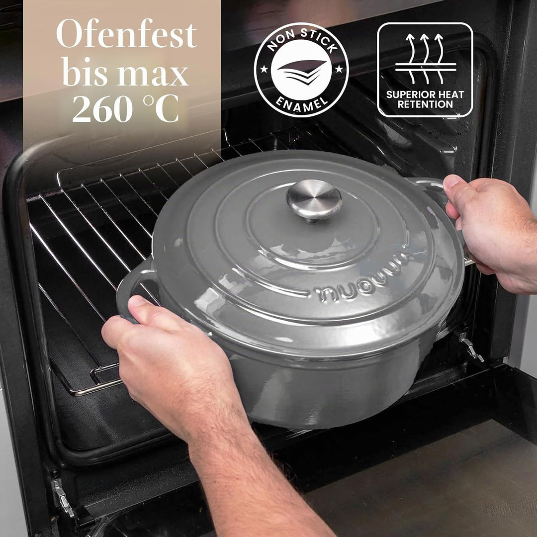 Gusseisen Dutch Oven mit Deckel – Emaille-Schmortopf mit Antihaft, Ofenfest – Grau, 6.9 Liter, 30 cm