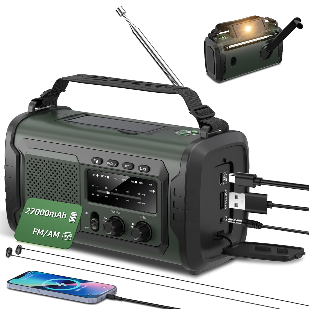 Kurbelradio 27000mAh, Notfallradio Solar Kurbel FM/AM Mit Bluetooth, SOS Alarm Emergency Radio, Kurb