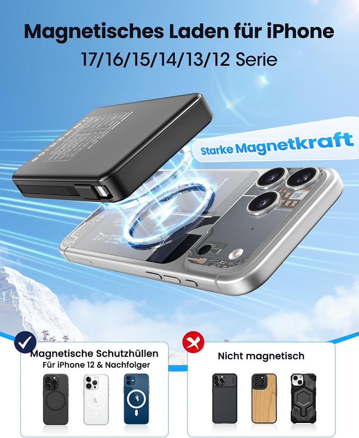 Magnetische Power Bank für Magsafe 10000mAh, Schnellladen Semi-Solid schwarz Medium, schwarz Medium