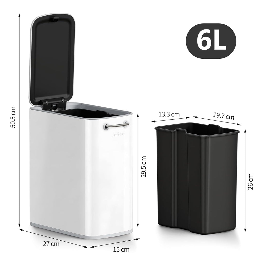 mVm Mülleimer Bad 6L, Abfalleimer Edelstahl, Handbetätigter, Weiss | Soft-Close, Herausnehmbarem Inn