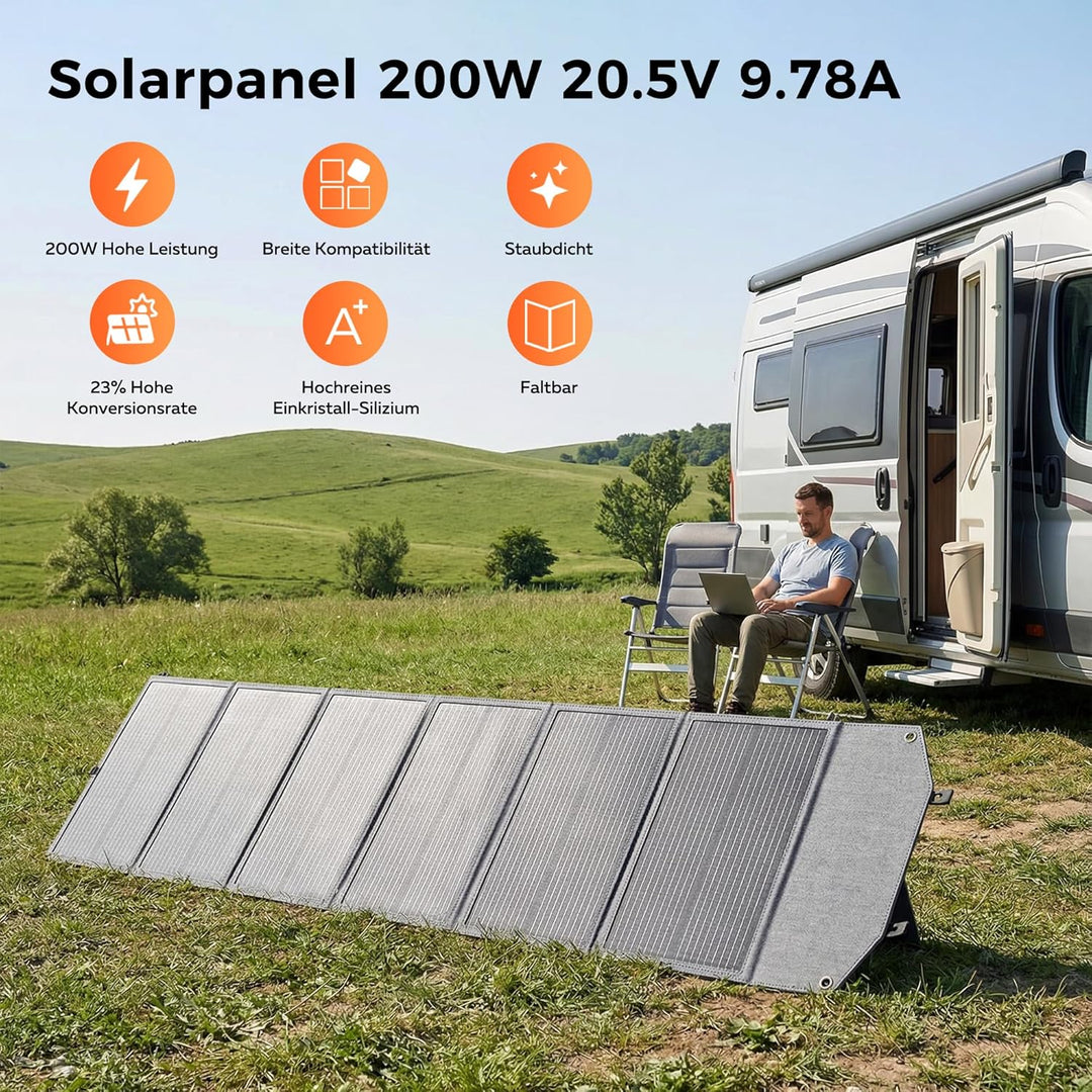 200W Faltbare Solarpanel für Powerstation, Tragbares Solarmodul mit 10 Anschlüssen, 23,5% Wirkungsgr