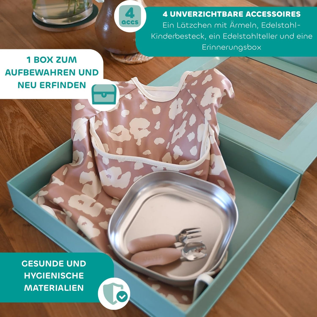 BÉABA Baby-Essensset Geschenkset ab 4 Monaten – Edelstahl-Teller mikrowellengeeignet, Ergonomisches