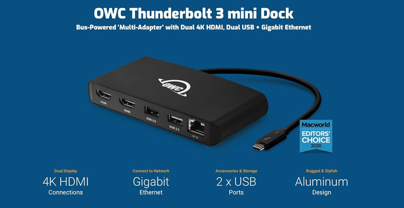 OWC - Thunderbolt 3 Mini Dock - 5 Port Thunderbolt 3 min-Dock 2 x HDMI, Features 2 x HDMI 4K60, USB