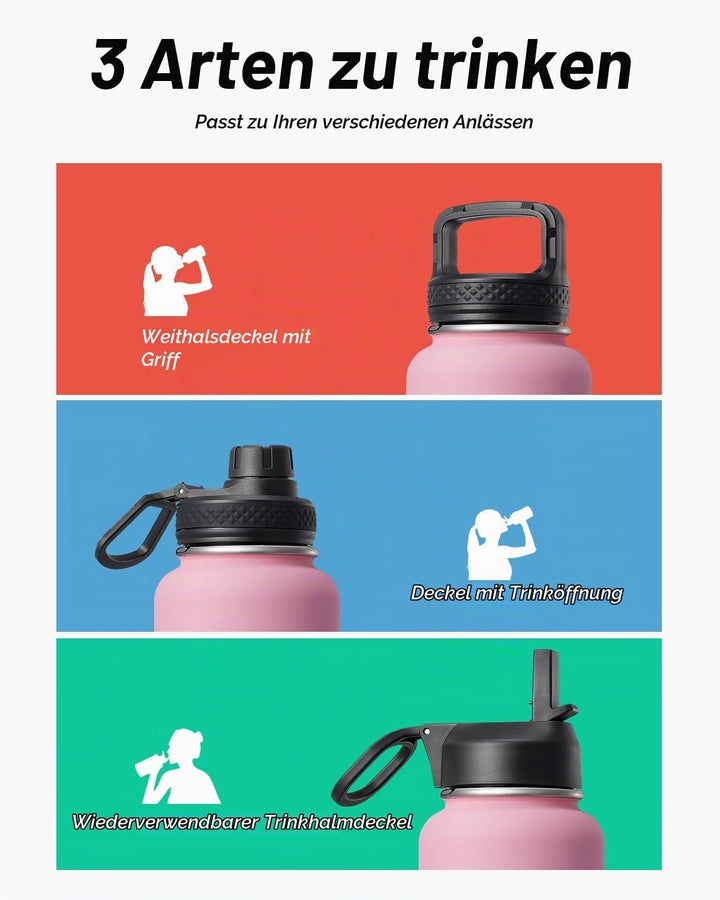 Coolflask Isolierte Wasserflasche 1L, Edelstahl Isolierte Wasserflasche mit Strohhalm &amp; 3 Deckeln, D