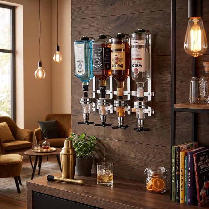 Ejoyous 4 Flaschen Flaschenhalter, Wandmontage Flaschendosierer Wandspender Bar Dispenser Getränkesp