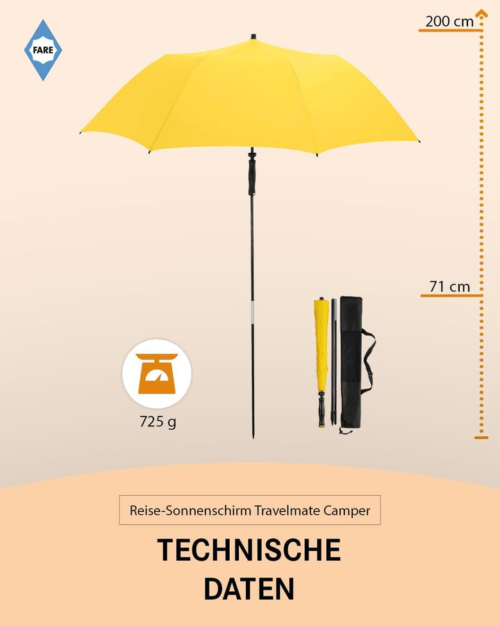 FARE Reise-Sonnenschirm Travelmate Camper UV Schutz 50+ für Koffer Flugzeug Camping Balkon Strand Ga