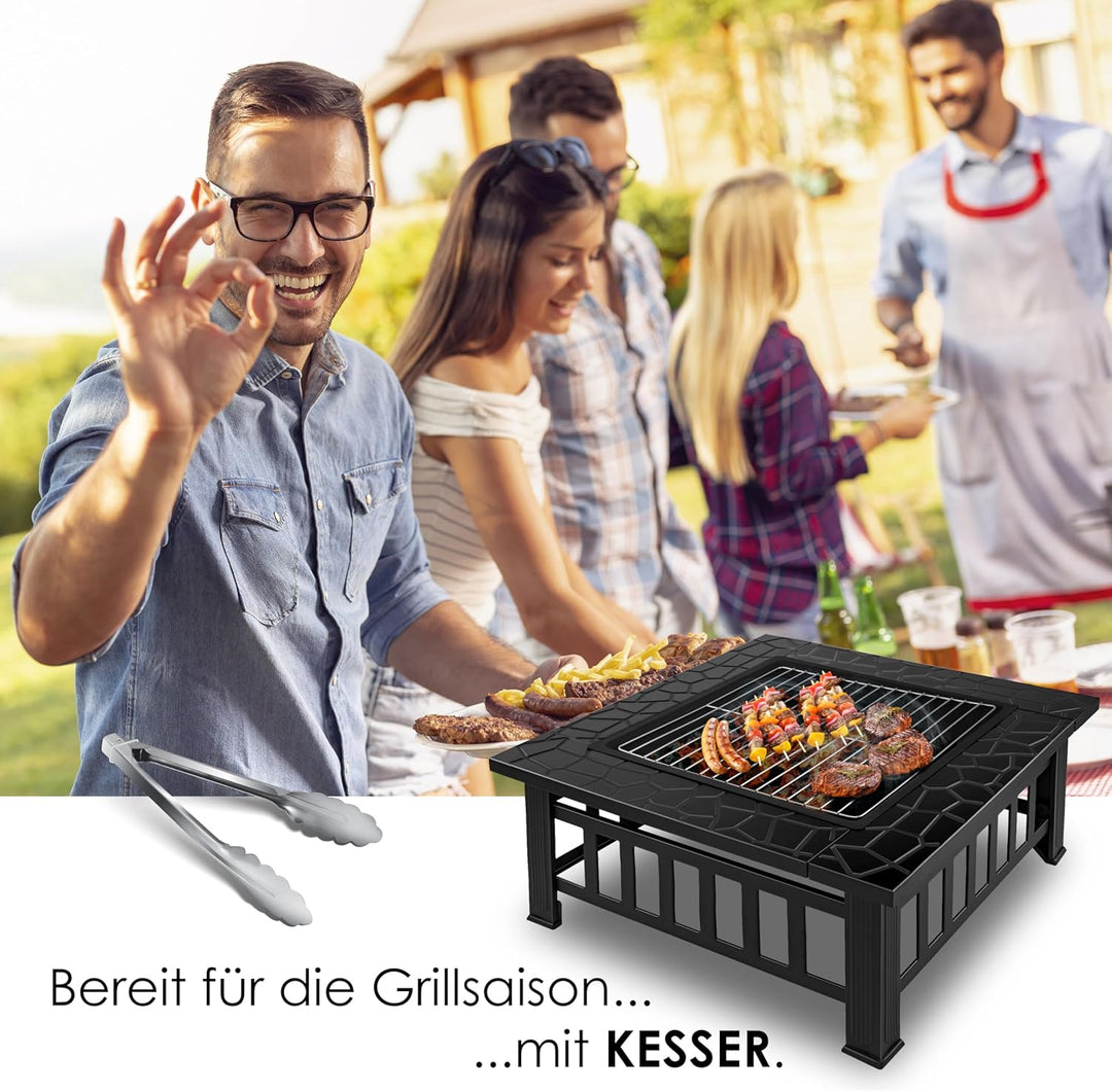 KESSER® Feuerstelle mit Grillrost & Grillzange Feuerschale 82x82x50cm, 3in1 Multifunktional Fire Pit
