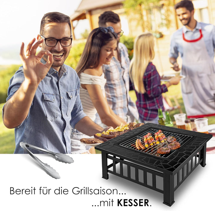 KESSER® Feuerstelle mit Grillrost & Grillzange Feuerschale 82x82x50cm, 3in1 Multifunktional Fire Pit