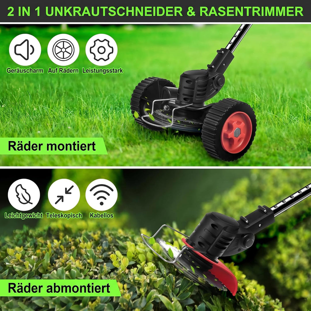 Rasentrimmer mit Rädern, 3-in-1 Freischneider &amp; Rasenkantenschneider, 24 V Akku-Rasenmäher Set mit 2