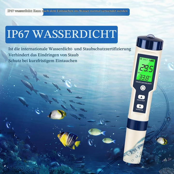 5 in 1 pH Messgerät Wasserqualität Tester – PH EC TDS Salzgehalt Temperatur Messgerät mit ATC, LCD H