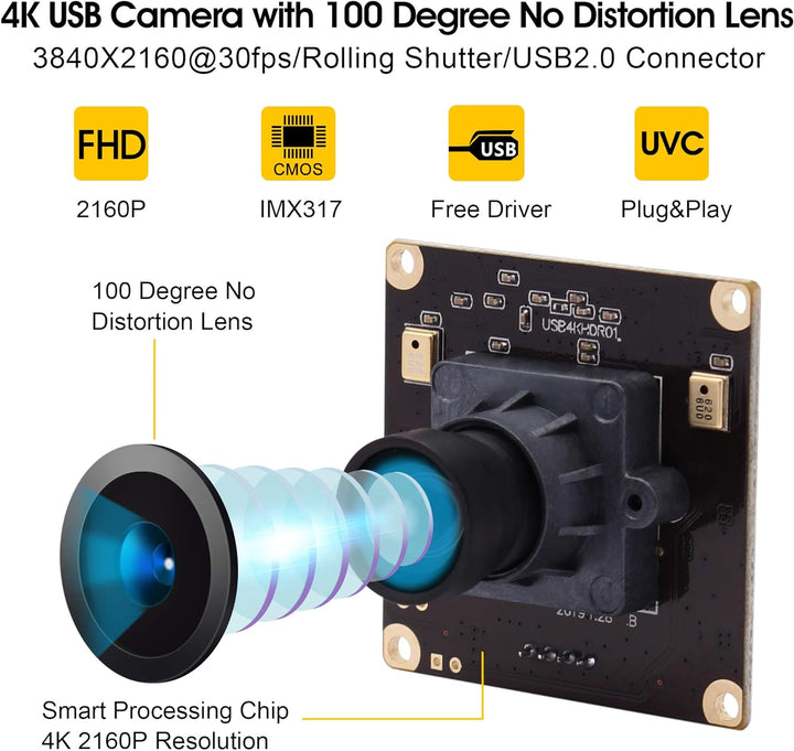 G 4K USB Kameramodul 2160p Webcam modul,Weitwinkel UHD 30fps Webkamera modul,100grad verzerrungsfrei