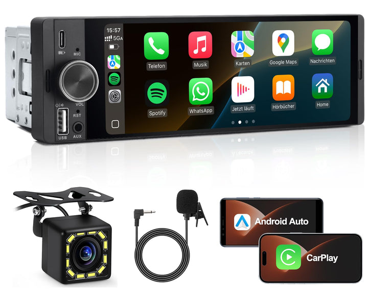 1 DIN Autoradio mit Wireless CarPlay & Android Auto, 6,36 Zoll Auto Radio mit Bildschirm, Rückfahrka
