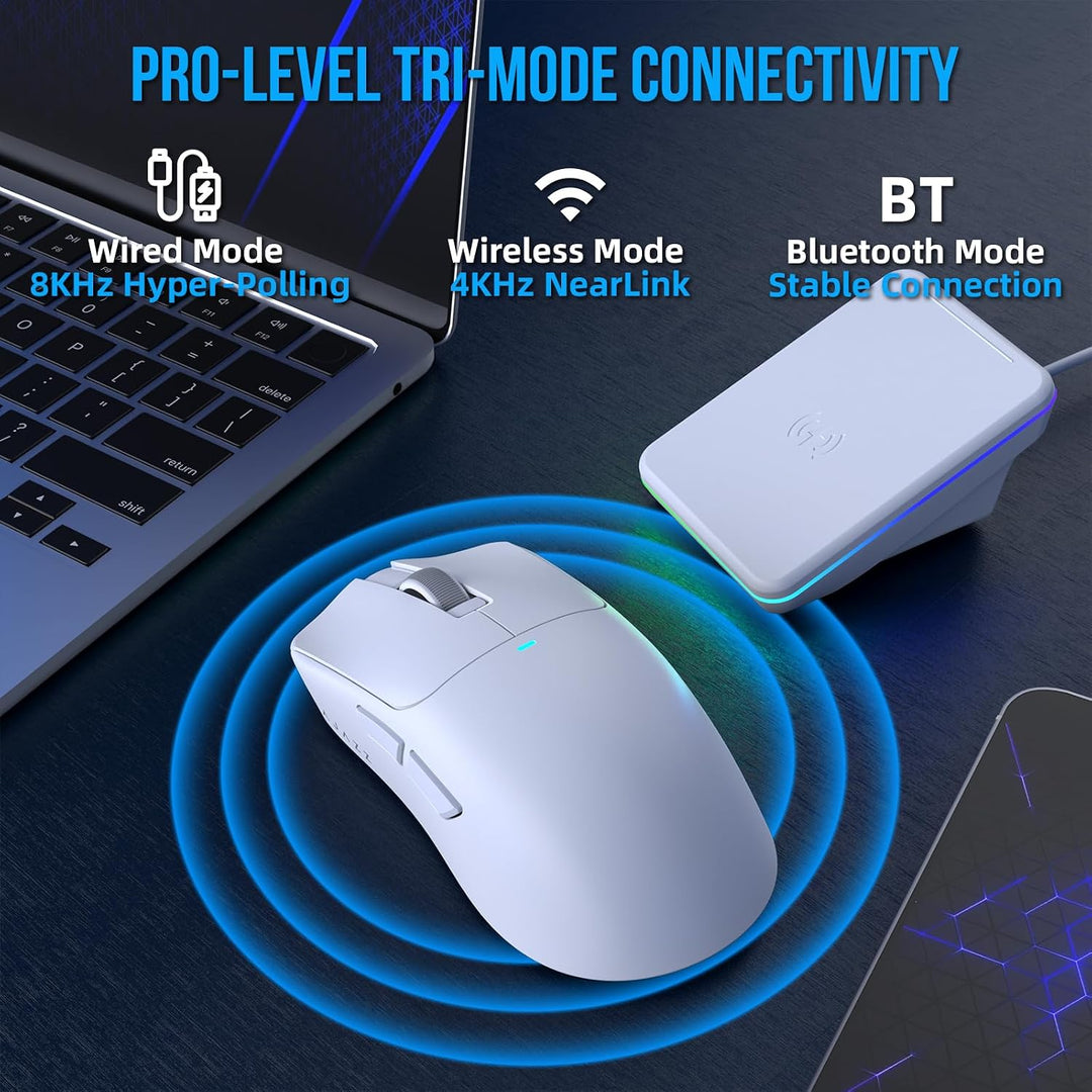 AJAZZ AJ200P NL Ultra Kabellose Gaming AI Maus, PAW3950 &amp; Ladestation Weiss, Weiss