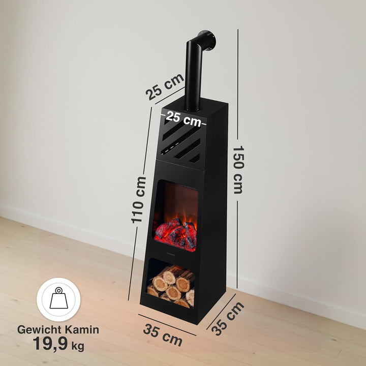 KAMINIO Elektrischer Gartenkamin Kai mit Ofenrohr - Elektro Terrassenofen mit Heizung, 3D-Flammeneff