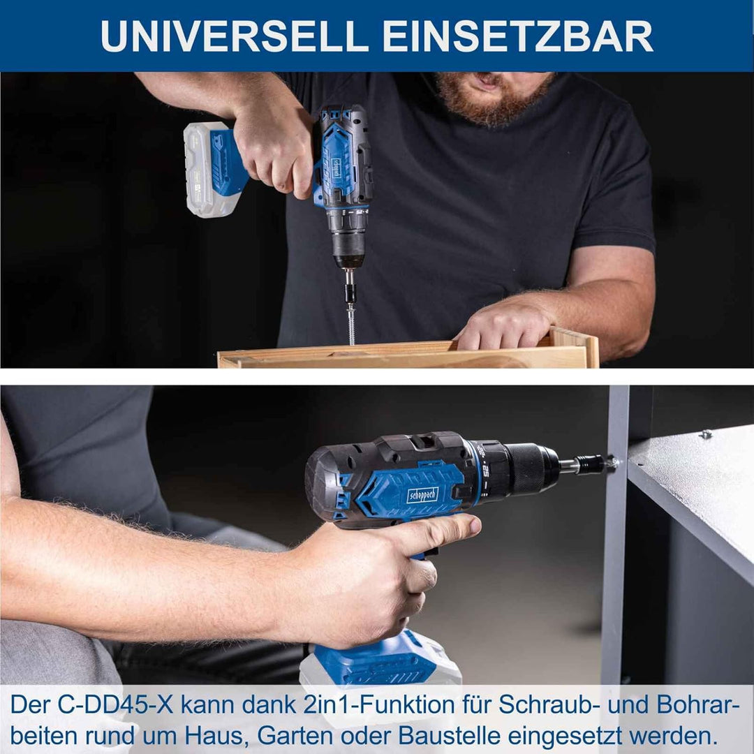 Scheppach Akku-Bohrschrauber C-DD45-X 20V Akkuschrauber | Drehmoment 45Nm | Bohrfutter 1,5-13mm | Dr