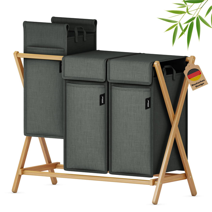 Faltbarer Wäschekorb 148L mit 3 Fächern,Bambus Wäschesammler,X-förmiges Wäsche Sortiersystem mit Dec
