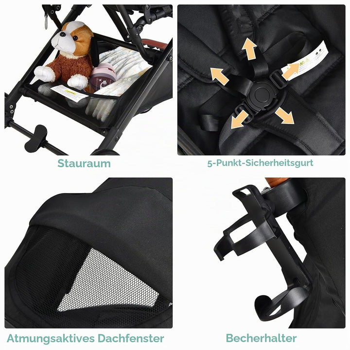 LIFEZEAL Kinderwagen Klappbar, Babywagen Klappbar mit Sonnenschutz, Reisebuggy mit Rückenlehne &amp; Ver