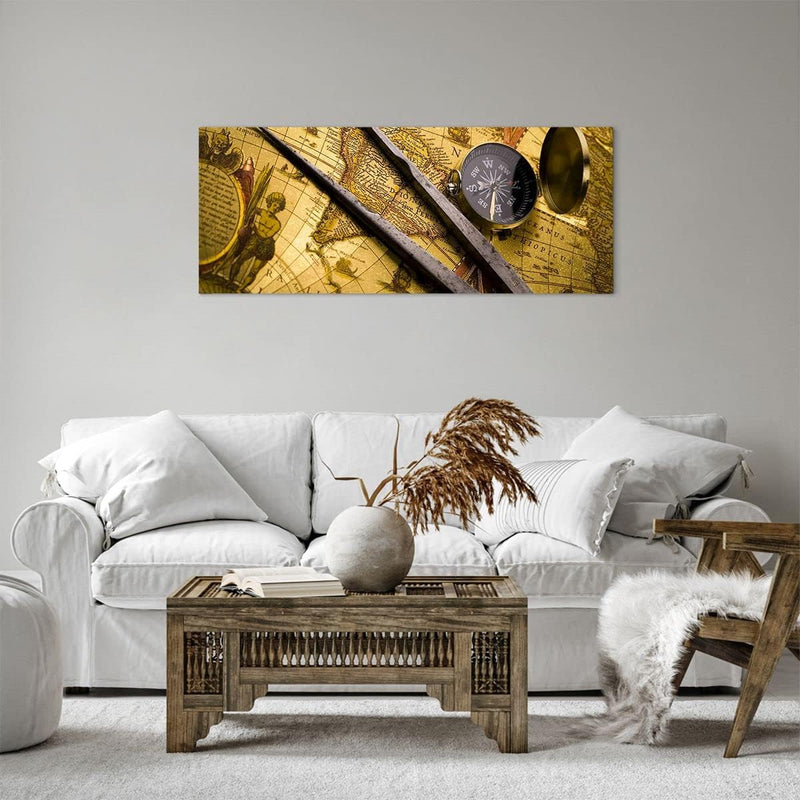 Panorama Bilder auf Leinwand 100x40cm Leinwandbild Kompass Abenteuer Reisen Gross Wanddeko Bild Schl