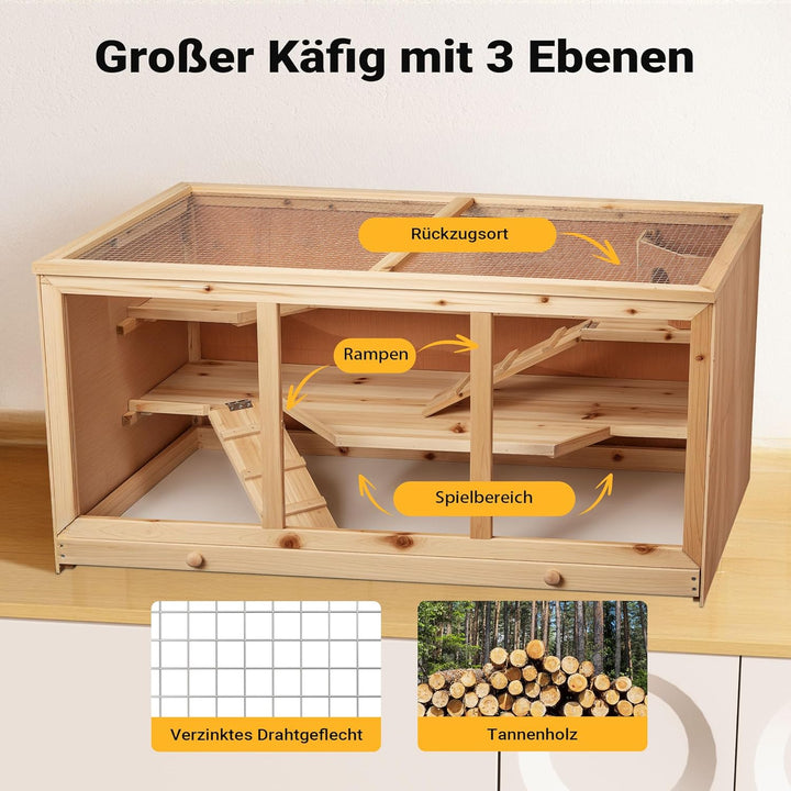 Wiltec XXL 3 Etagen Nagerkäfig, 4-eckig, 1150 x 600 x 580 mm, aus Holz, mit klappbarem Deckel & Sich