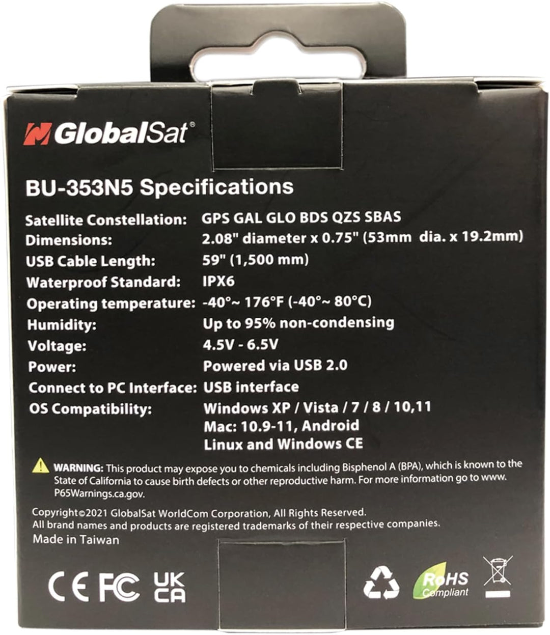 GlobalSat BU-353N5 USB-GNSS-Empfänger, Schwarz, Schwarz
