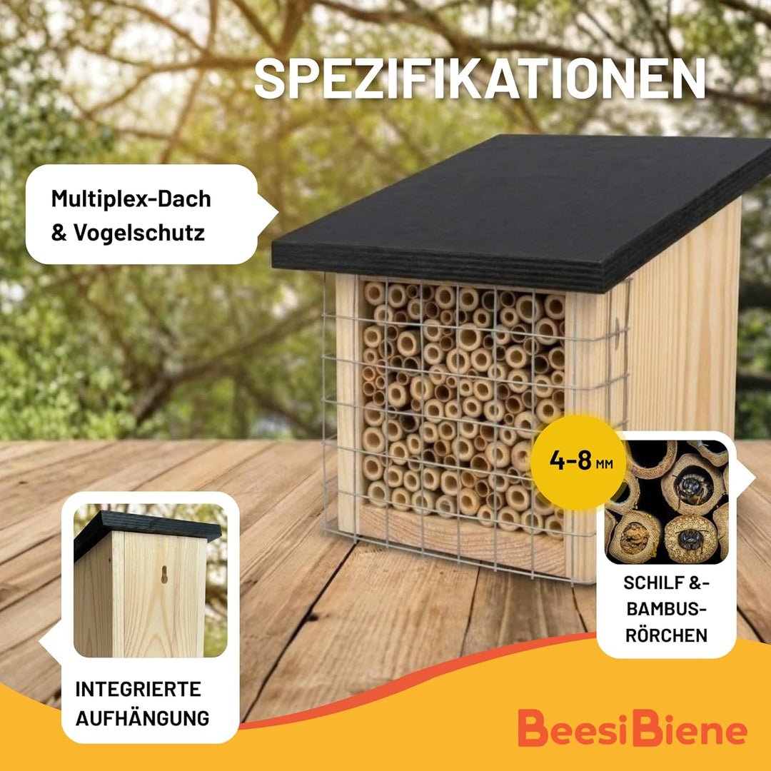 BEESI Insektenhotel mit Vogelschutz-Gitter & Multiplex Dach - Artgerechtes Wildbienenhotel wetterfes