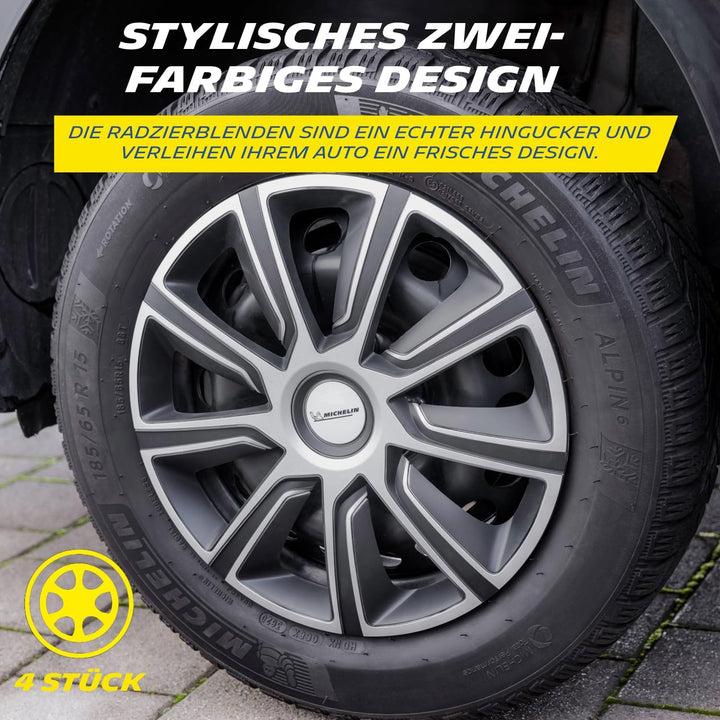 MICHELIN Radkappen 15 Zoll Universal Radzierblenden Louise 4er Set Fürs Auto ABS Kunststoff | Schwar