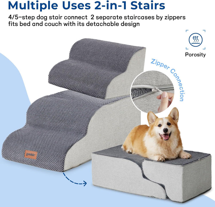 ZOMISIA Hundetreppe für Kleine Hunde 40 cm Hoch, 3 Stufen, Grau | Haustiertreppe für Sofa Bett, Hoch